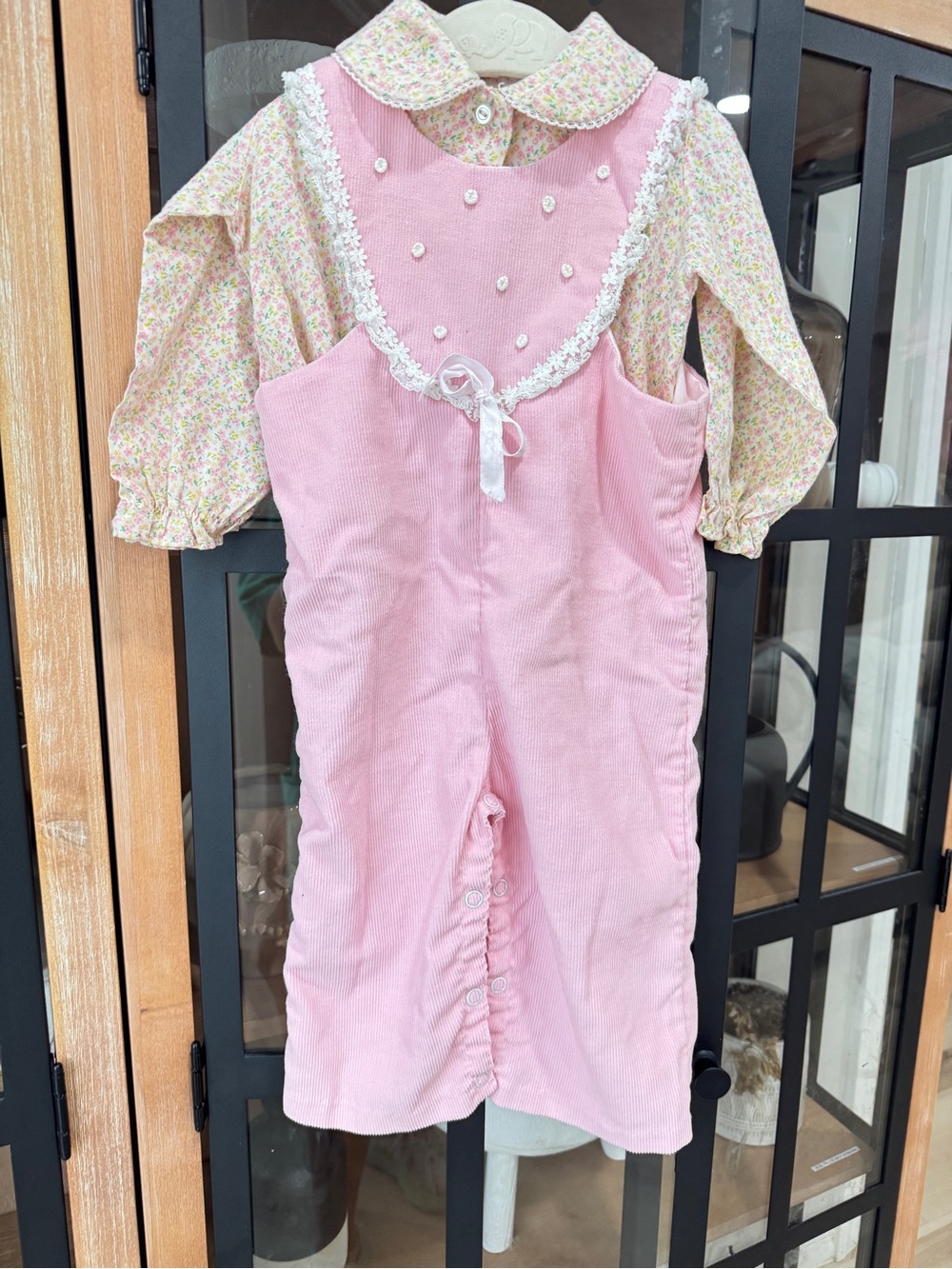 Vintage 80s corduroy jumpsuit romper set toddler girl floral collar top lace bow